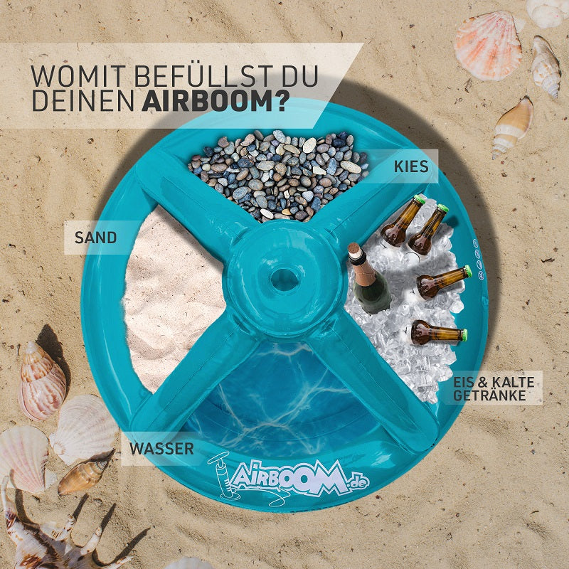 Airboom Blue mit Pumpe – Der aufblasbare Sonnenschirmständer mit Getränkekühler für den Strand