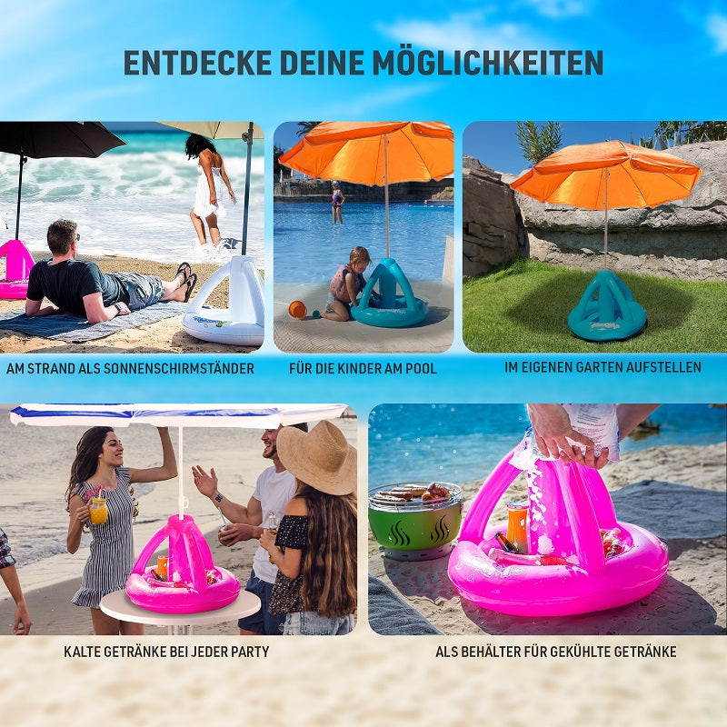 Airboom Blue mit Pumpe – Der aufblasbare Sonnenschirmständer mit Getränkekühler für den Strand