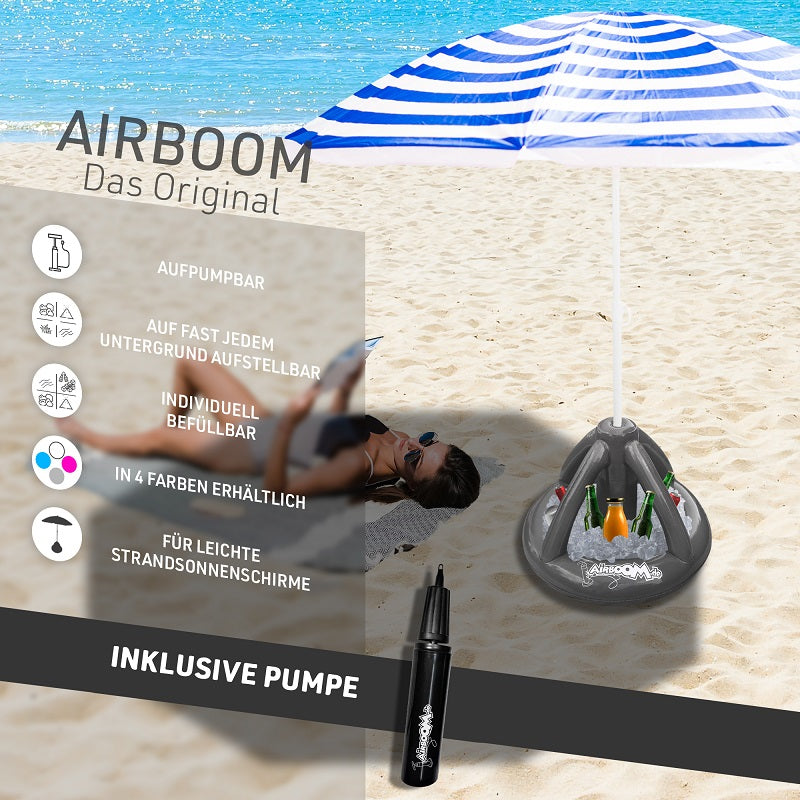 Airboom Grey mit Pumpe – Der aufblasbare Sonnenschirmständer mit Getränkekühler für den Strand