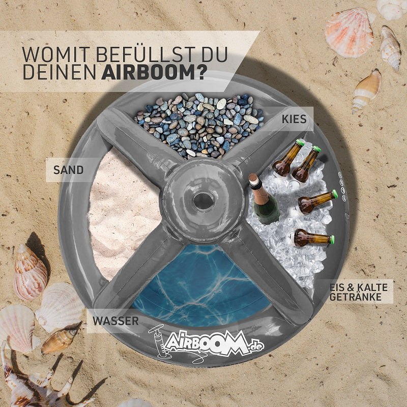 Airboom Grey mit Pumpe – Der aufblasbare Sonnenschirmständer mit Getränkekühler für den Strand