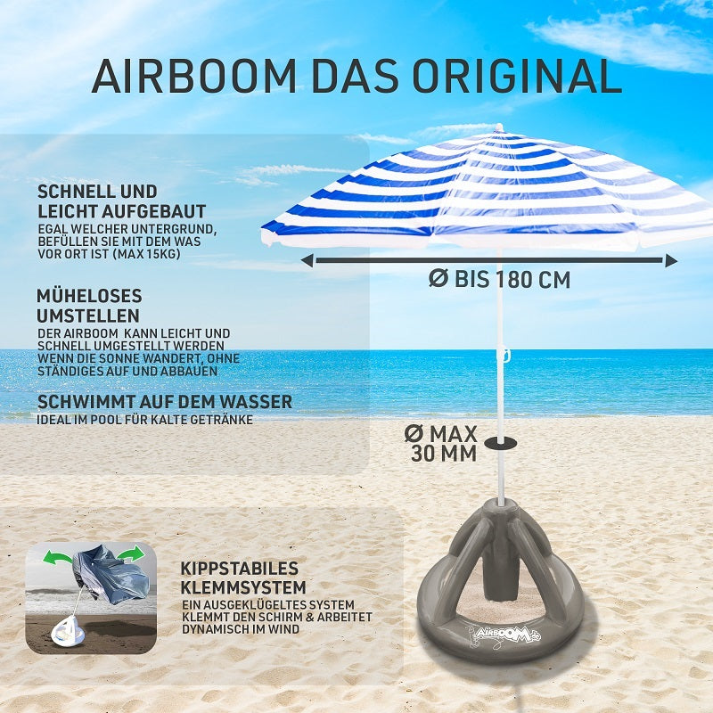 Airboom Grey mit Pumpe – Der aufblasbare Sonnenschirmständer mit Getränkekühler für den Strand