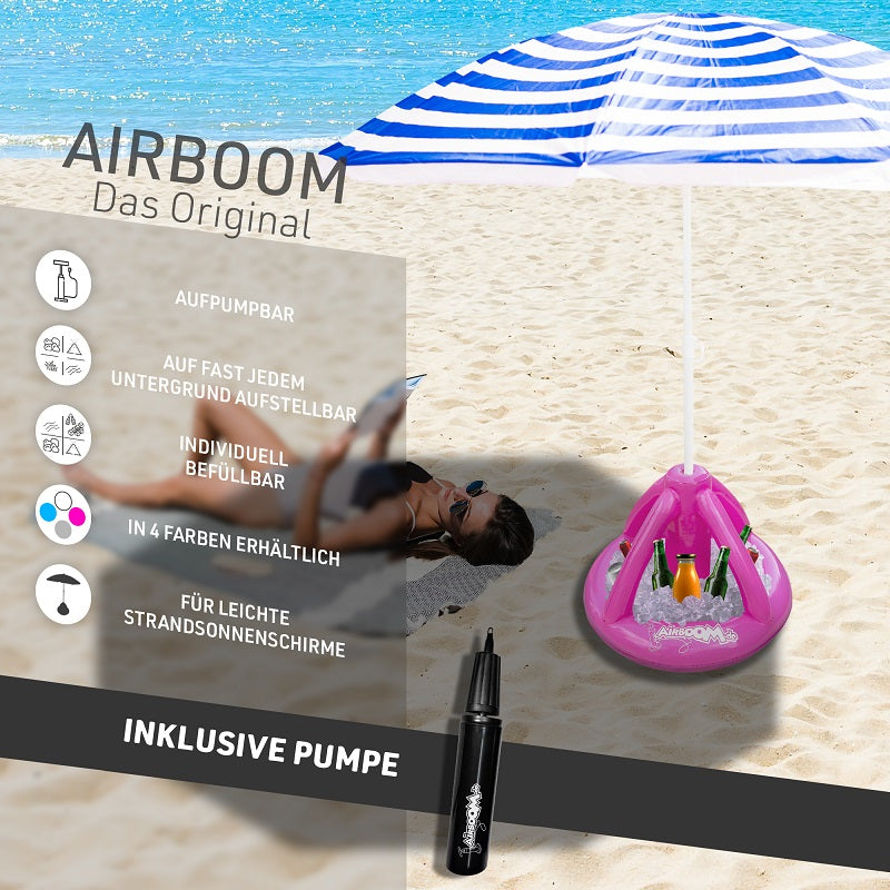 Airboom Pink mit Pumpe – Der aufblasbare Sonnenschirmständer mit Getränkekühler für den Strand