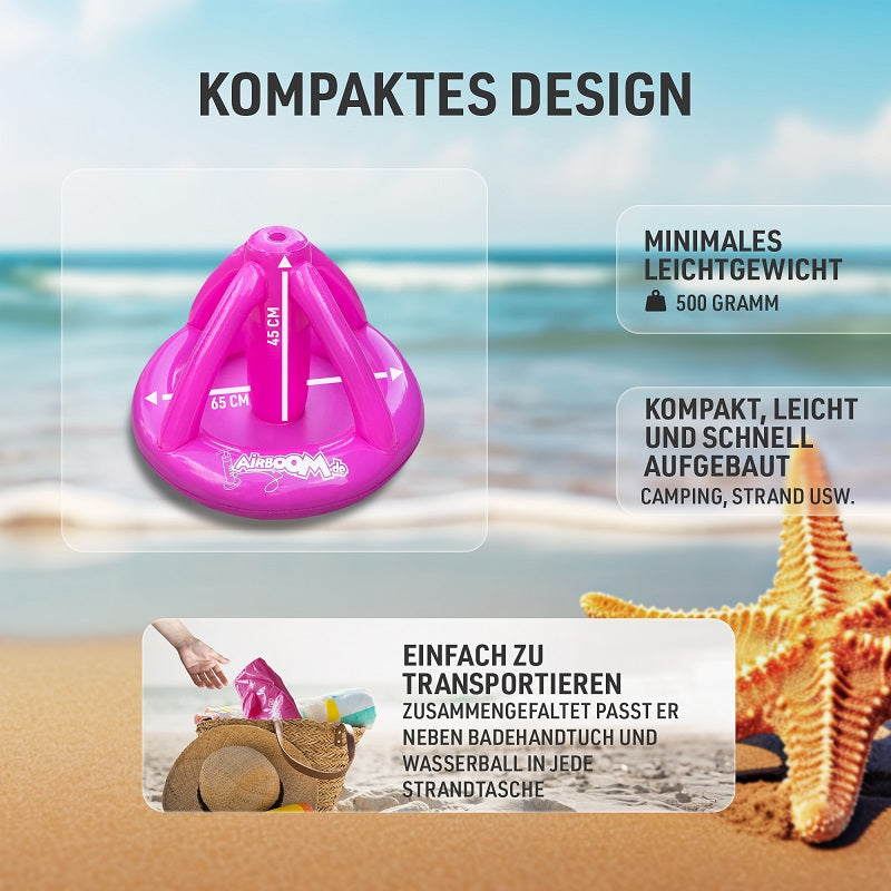 Airboom Pink mit Pumpe – Der aufblasbare Sonnenschirmständer mit Getränkekühler für den Strand