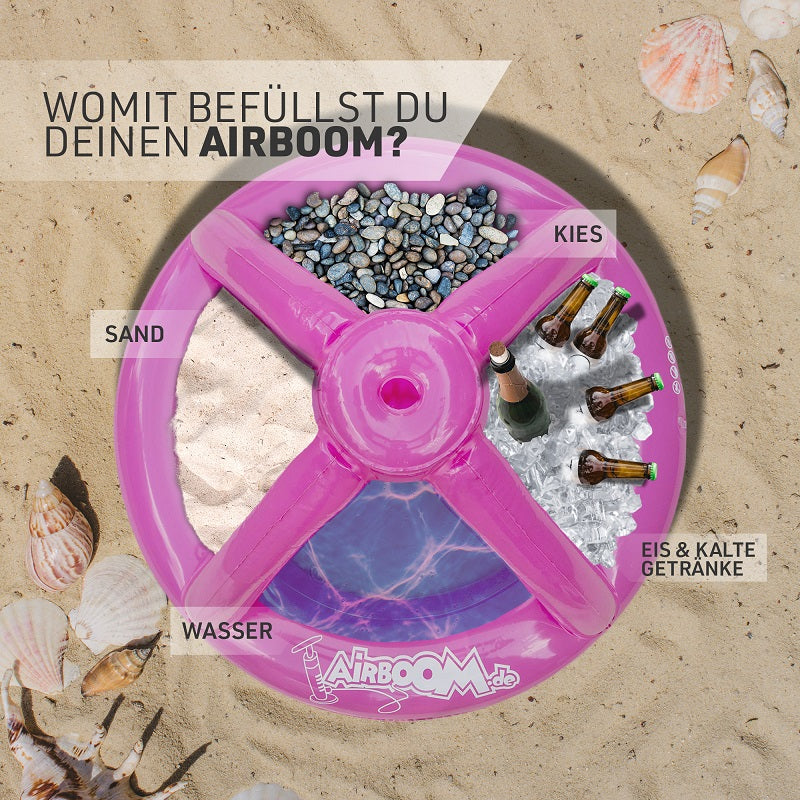 Airboom Pink mit Pumpe – Der aufblasbare Sonnenschirmständer mit Getränkekühler für den Strand