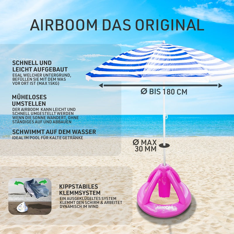 Airboom Pink mit Pumpe – Der aufblasbare Sonnenschirmständer mit Getränkekühler für den Strand