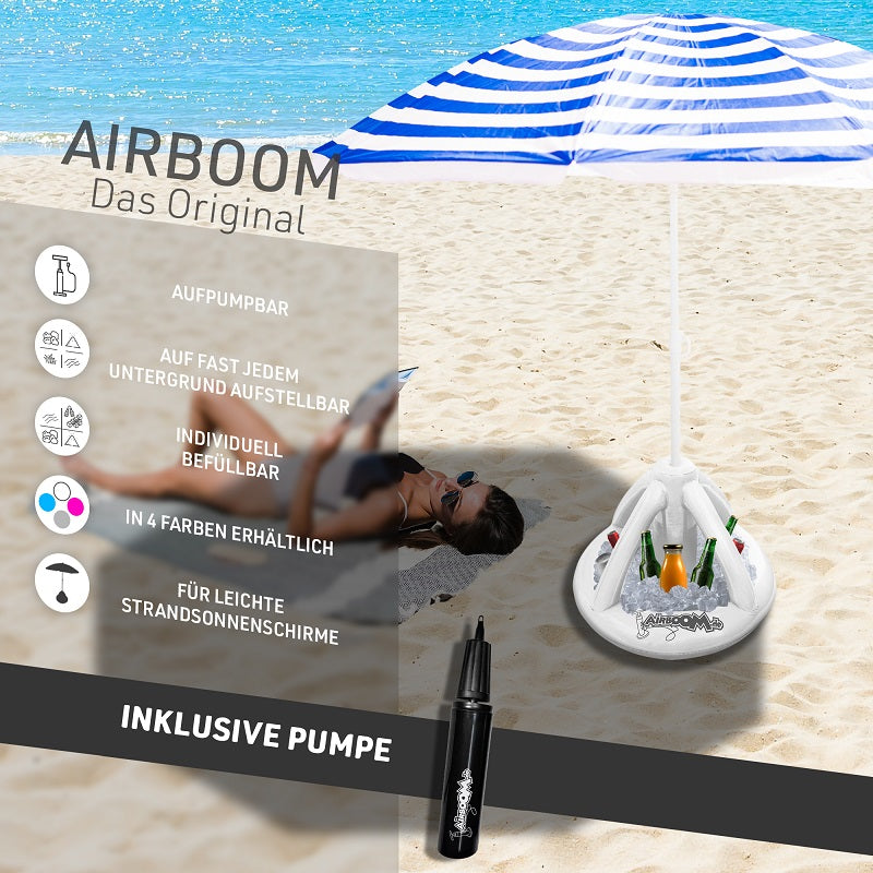 Airboom White mit Pumpe – Der aufblasbare Sonnenschirmständer mit Getränkekühler für den Strand