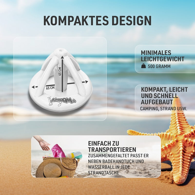 Airboom White mit Pumpe – Der aufblasbare Sonnenschirmständer mit Getränkekühler für den Strand