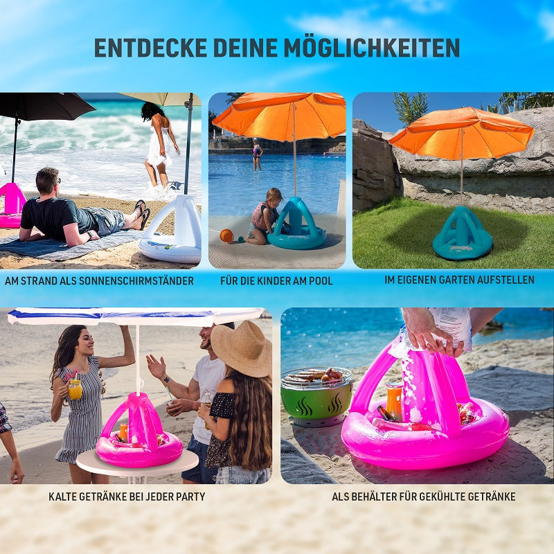 Airboom White mit Pumpe – Der aufblasbare Sonnenschirmständer mit Getränkekühler für den Strand