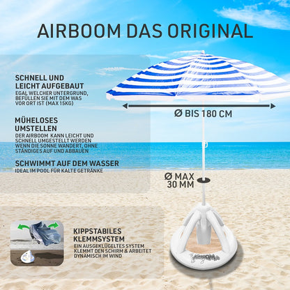 Airboom White mit Pumpe – Der aufblasbare Sonnenschirmständer mit Getränkekühler für den Strand