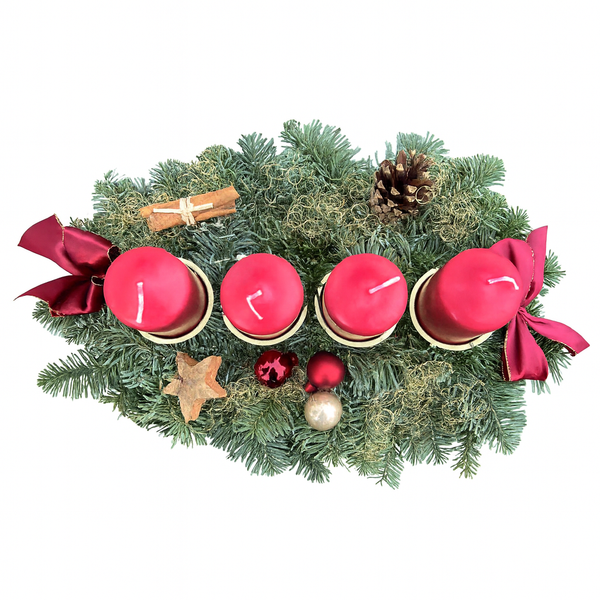 Echter Adventskranz länglich 45cm rot mit 4 Kerzen natürlicher Tannenkranz Adventsgesteck